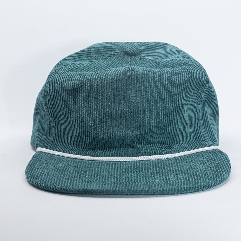 Concert Cap in deep teal corduroy with white rope, front view